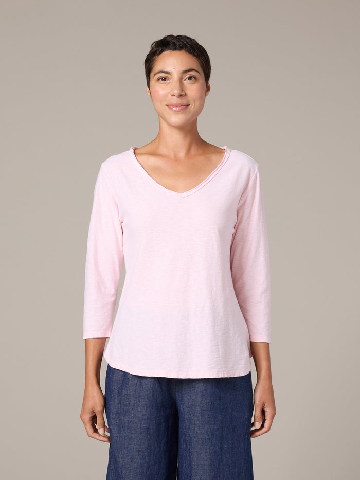 3/4 SLEEVE V-NECK TOPTEE-PINK SALT-CUT LOOSE