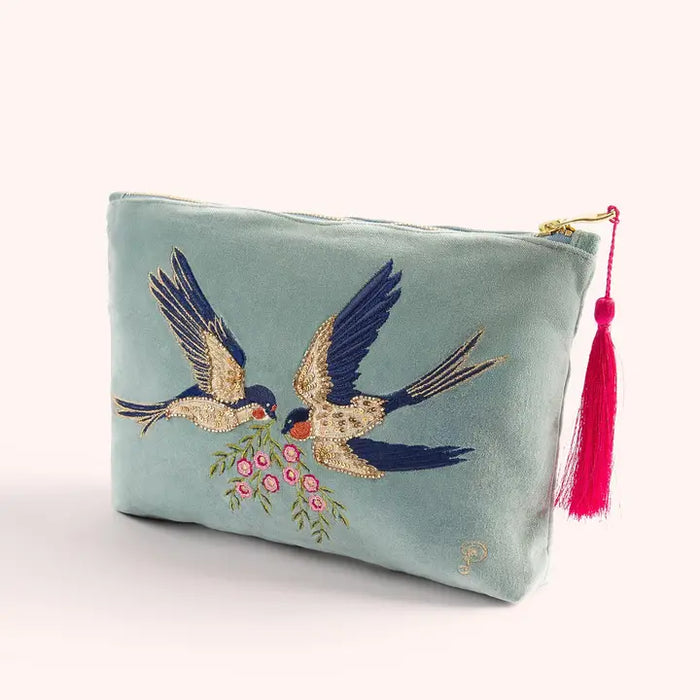 SWOOPING SWALLOWS VELVET ZIP BAG-POWDER