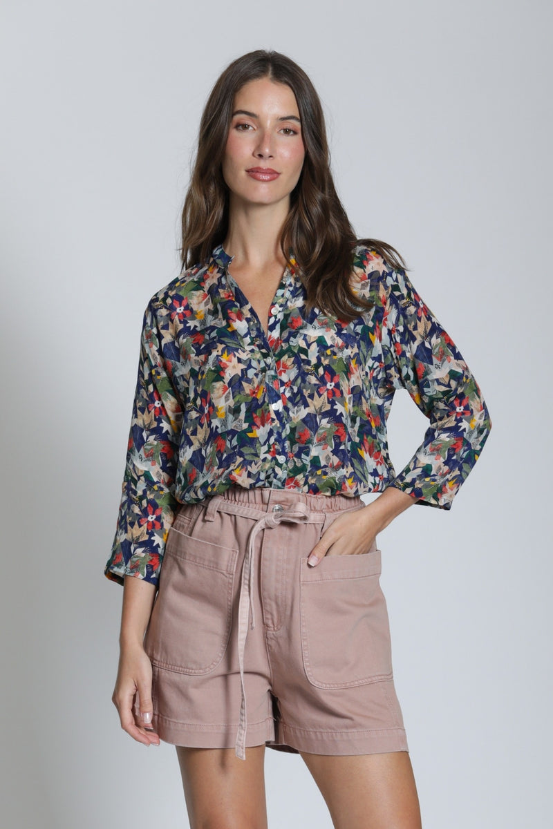 NAVY 3/4 SLEEVE MANDARIN BUTTON UP-APNY