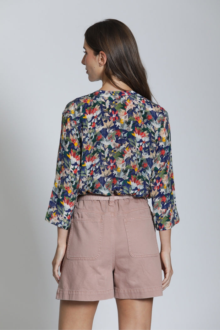 NAVY 3/4 SLEEVE MANDARIN BUTTON UP-APNY