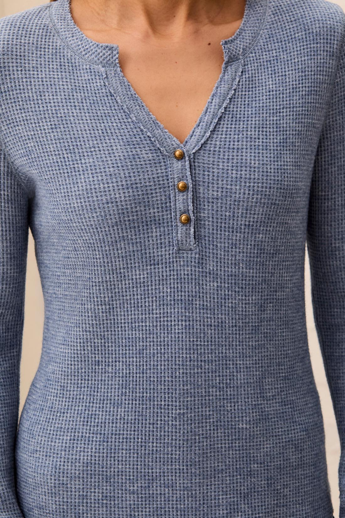 BRUSHED WAFFLE KNIT HENLEY W/LONG SLEEVES-HEATHER DENIM-TRIBAL