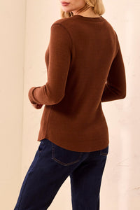 BRUSHED WAFFLE KNIT HENLEY W/LONG SLEEVES-HEATHER CHOCOLATE-TRIBAL