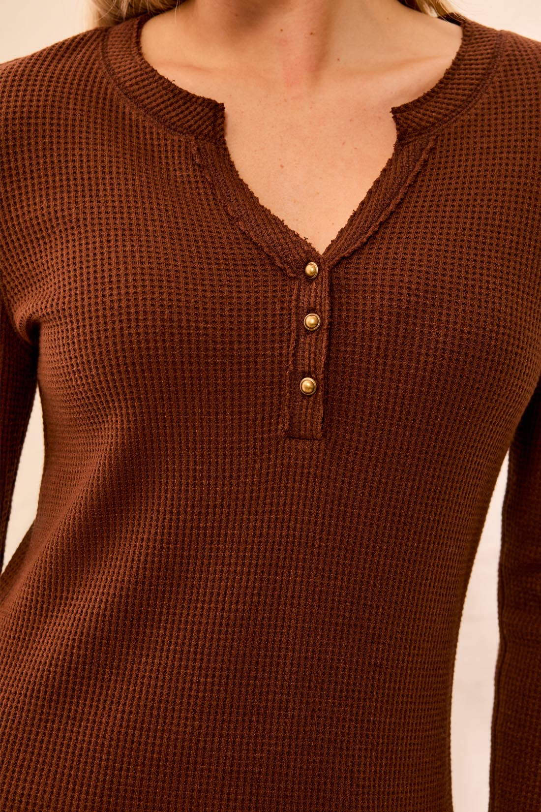BRUSHED WAFFLE KNIT HENLEY W/LONG SLEEVES-HEATHER CHOCOLATE-TRIBAL
