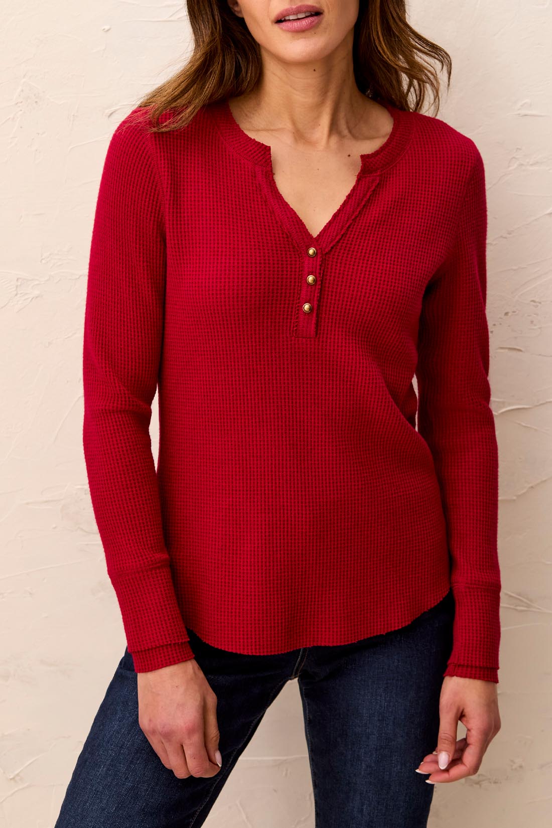 BRUSHED WAFFLE KNIT HENLEY W/LONG SLEEVES-HEATHER PINOT-TRIBAL