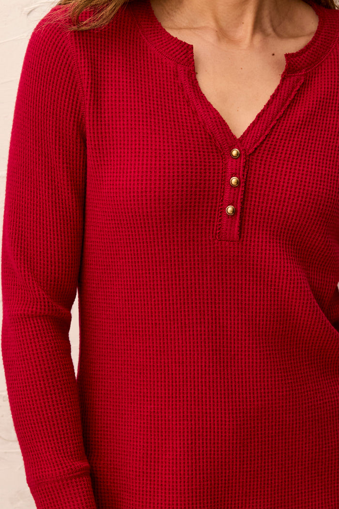 BRUSHED WAFFLE KNIT HENLEY W/LONG SLEEVES-HEATHER PINOT-TRIBAL