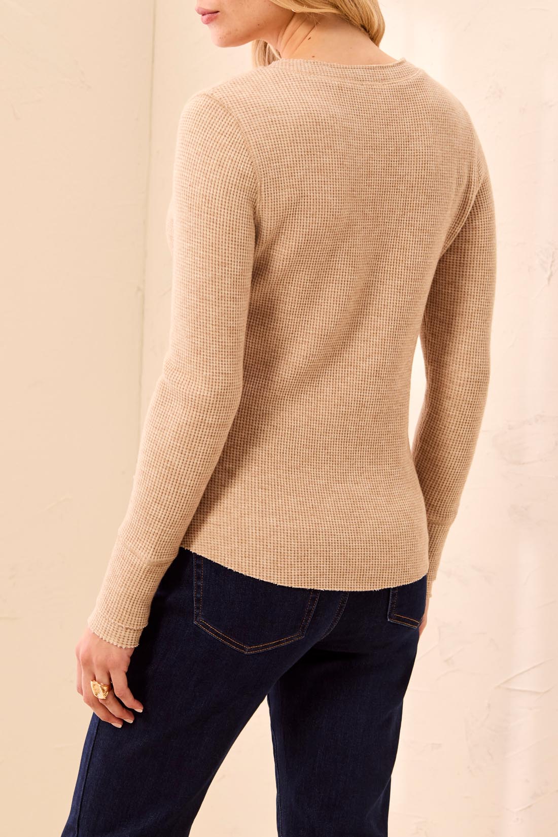 BRUSHED WAFFLE KNIT HENLEY W/LONG SLEEVES-OATMEAL-TRIBAL