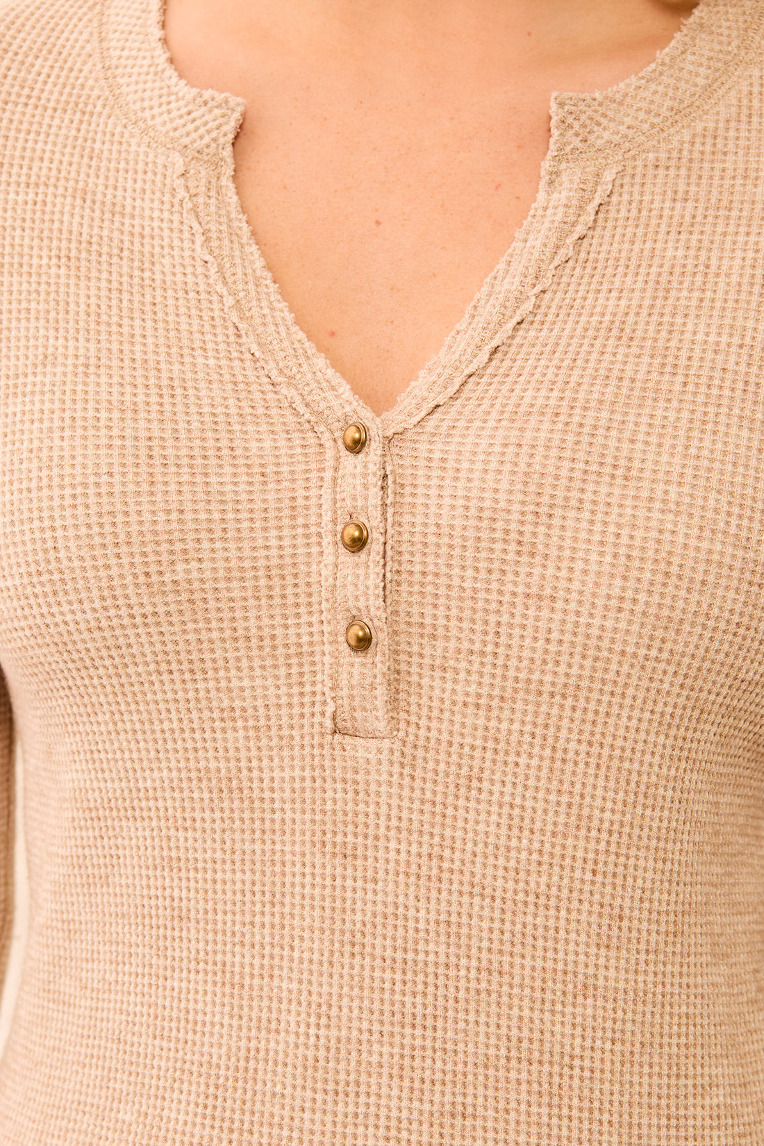BRUSHED WAFFLE KNIT HENLEY W/LONG SLEEVES-OATMEAL-TRIBAL