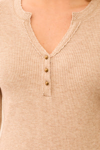 BRUSHED WAFFLE KNIT HENLEY W/LONG SLEEVES-OATMEAL-TRIBAL