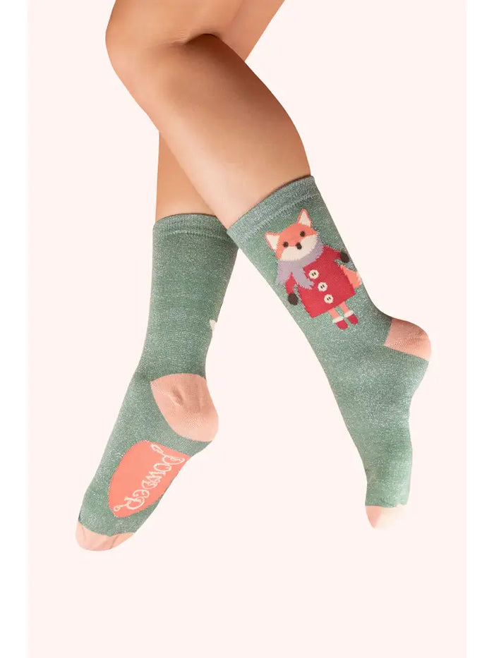 COZY FOX GLITTER ANKLE SOCKS-POWDER