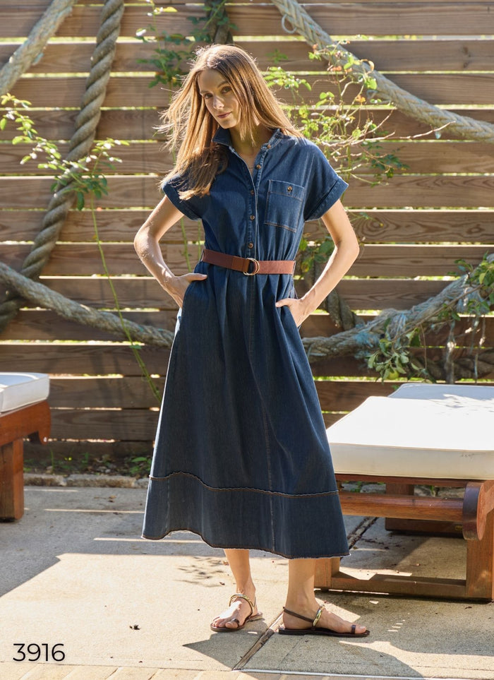 ZELDA MIDI BELTED DENIM DRESS-INDIGO-LYSSE