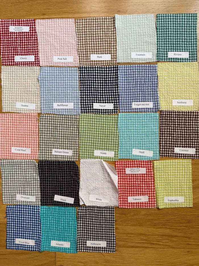 CRINKLE CHECK V-NECK SWING DRESS-RIVIERA-CUT LOOSE