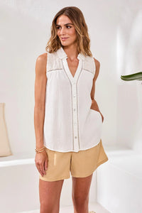CRINKLE GAUZE EMBROIDERED TOP-PEARL-TRIBAL