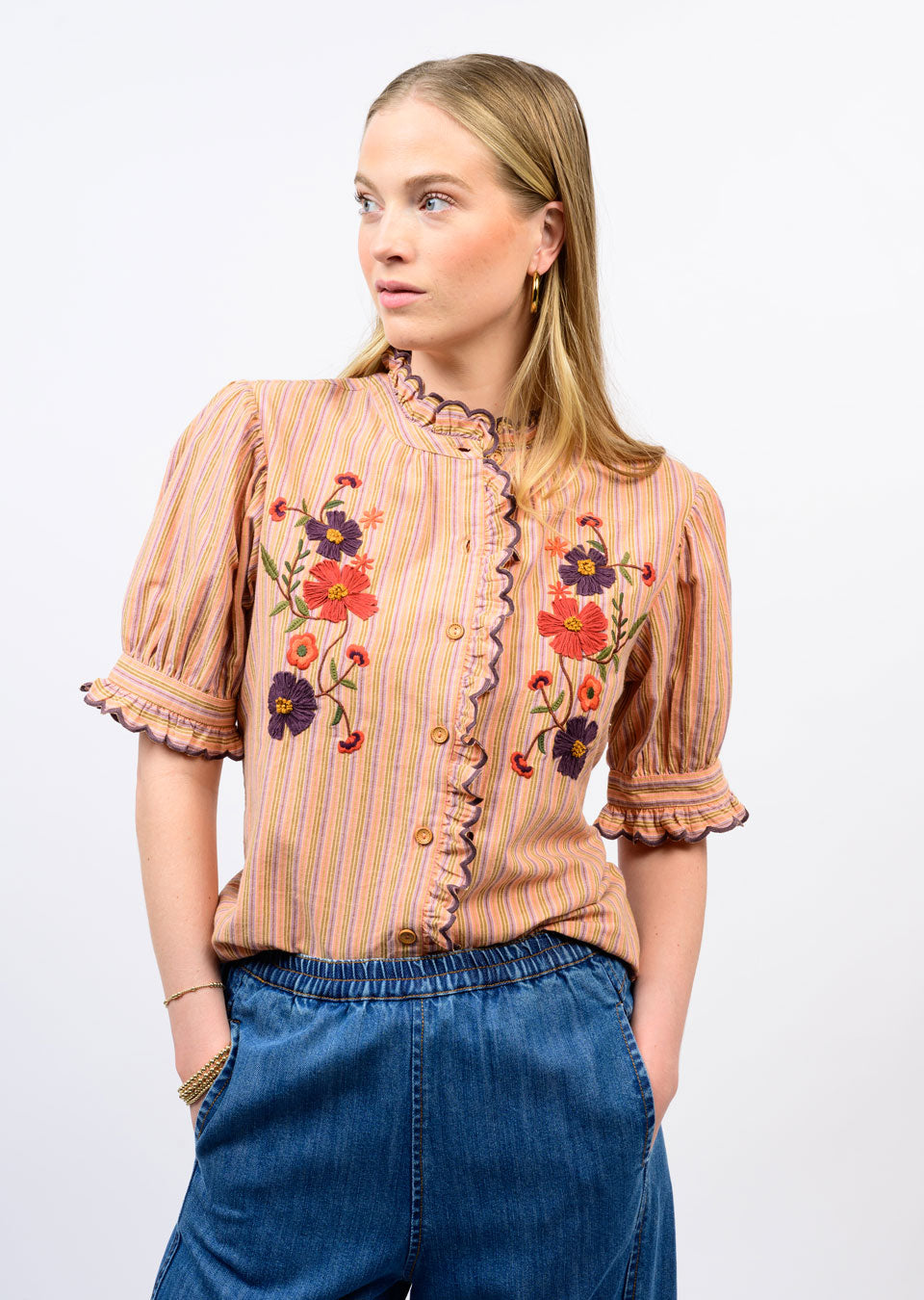 RIBBON EMROIDERED SHIRT-ORANGE-IVY JANE