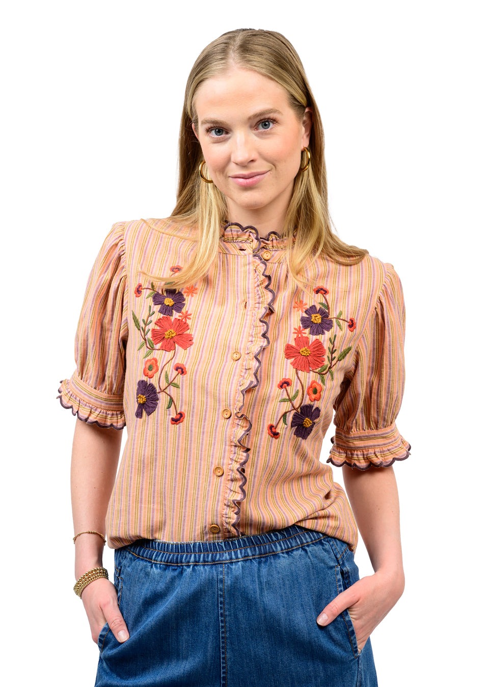 RIBBON EMROIDERED SHIRT-ORANGE-IVY JANE