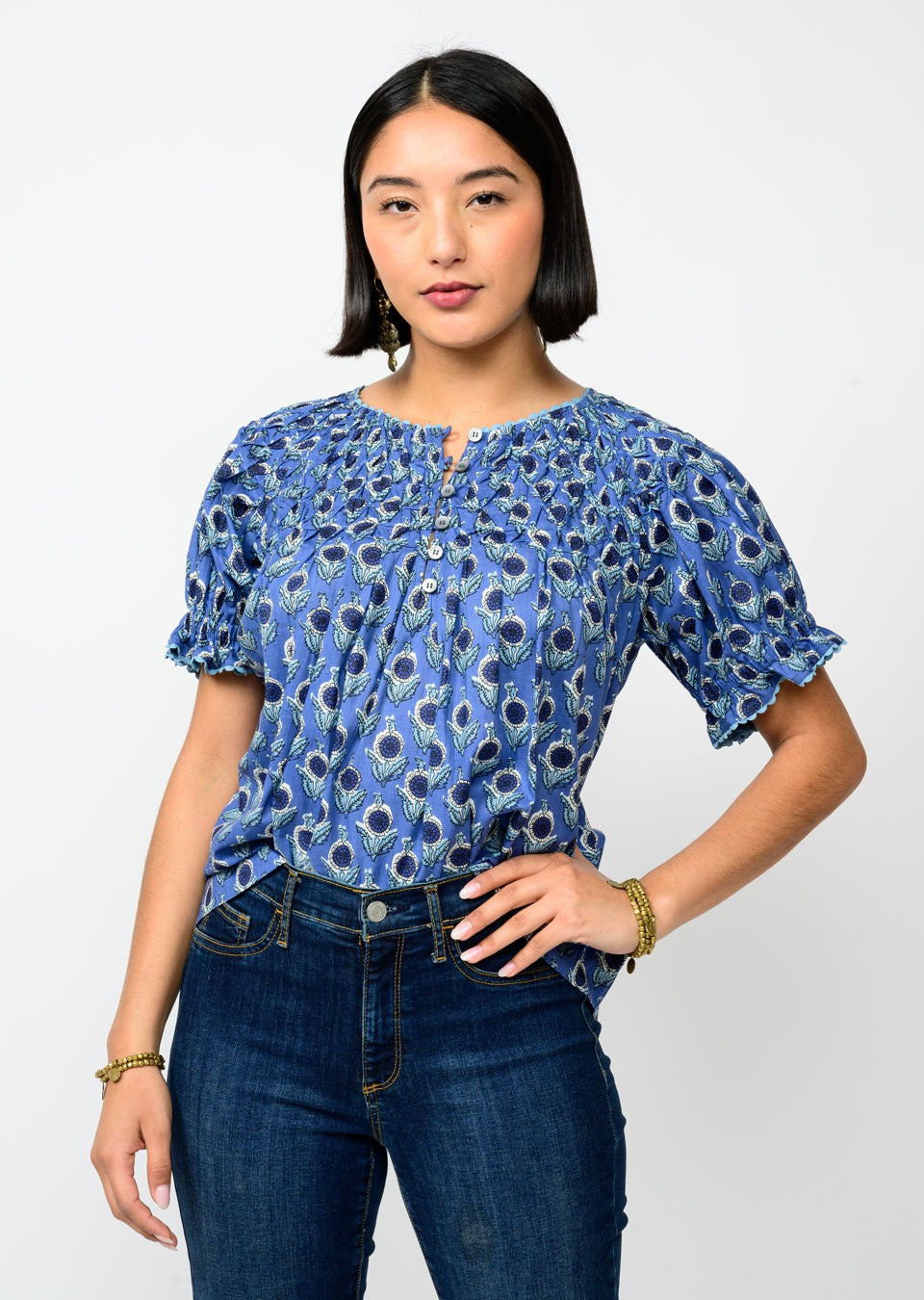 SMOCKED S/S BLUE TOP-IVY JANE
