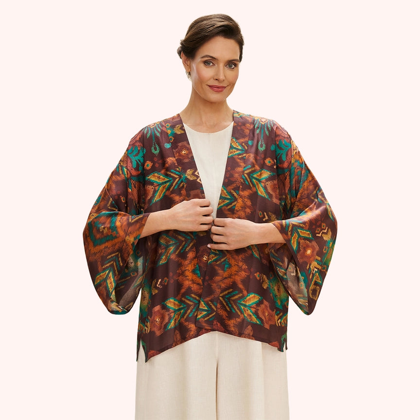 CHOCOLATE IKAT KIMONO JACKET-POWDER