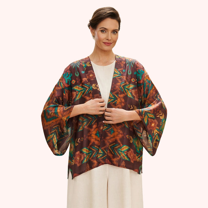 CHOCOLATE IKAT KIMONO JACKET-POWDER