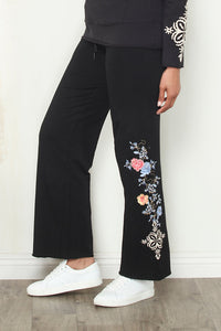 FRENCH TERRY WIDE LEG W/EMBROIDERY-BLACK-PAPARAZZI