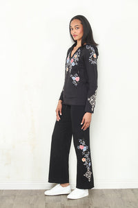 FRENCH TERRY WIDE LEG W/EMBROIDERY-BLACK-PAPARAZZI