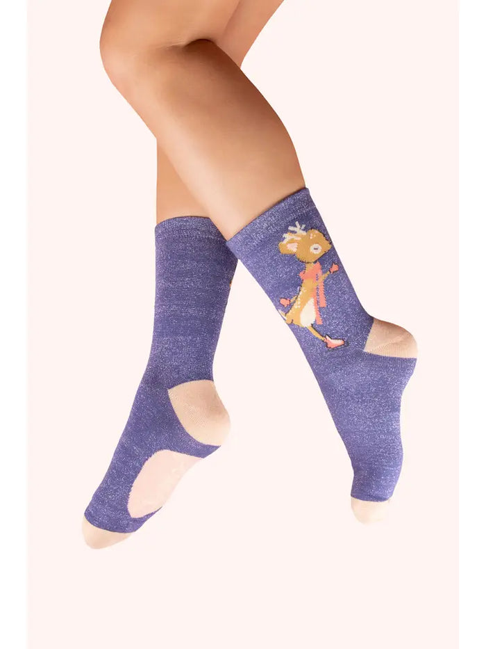 SKATING DEER GLITTER ANKLE SOCKS-POWDER