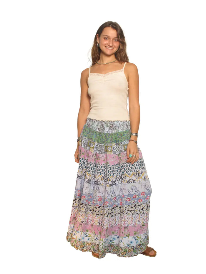 SMOCKED TIER PATCHWORK SKIRT-BLUE SKY
