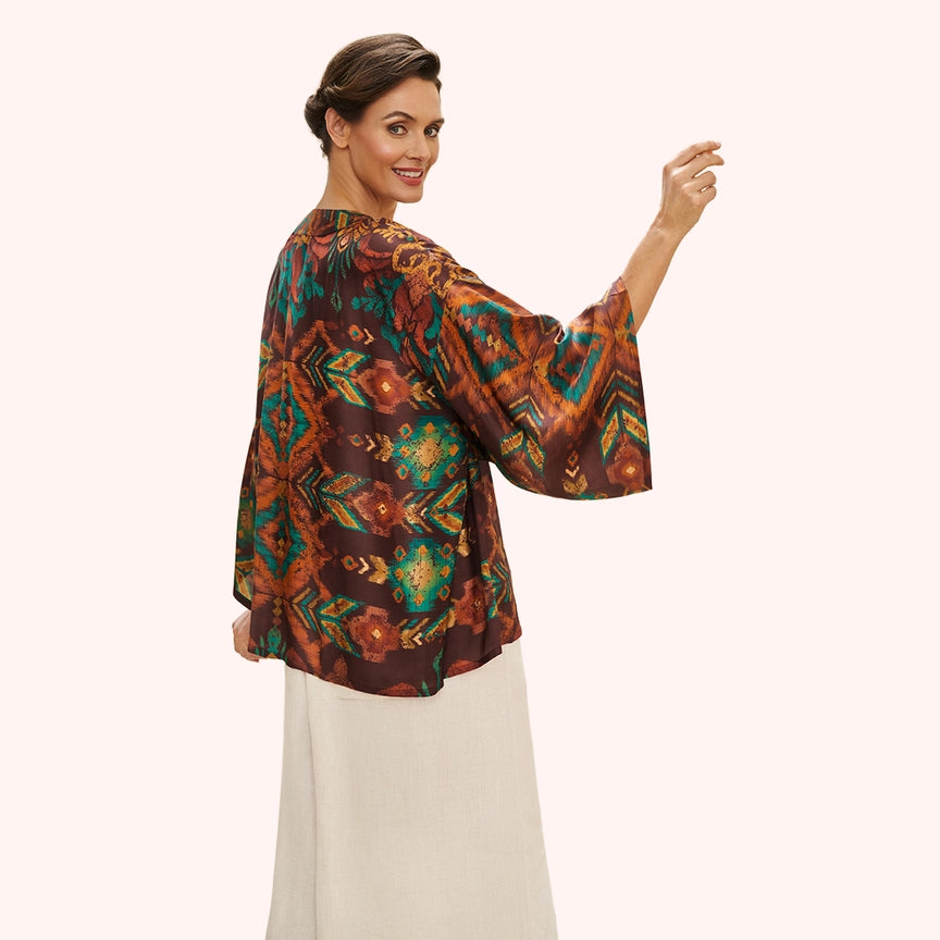 CHOCOLATE IKAT KIMONO JACKET-POWDER