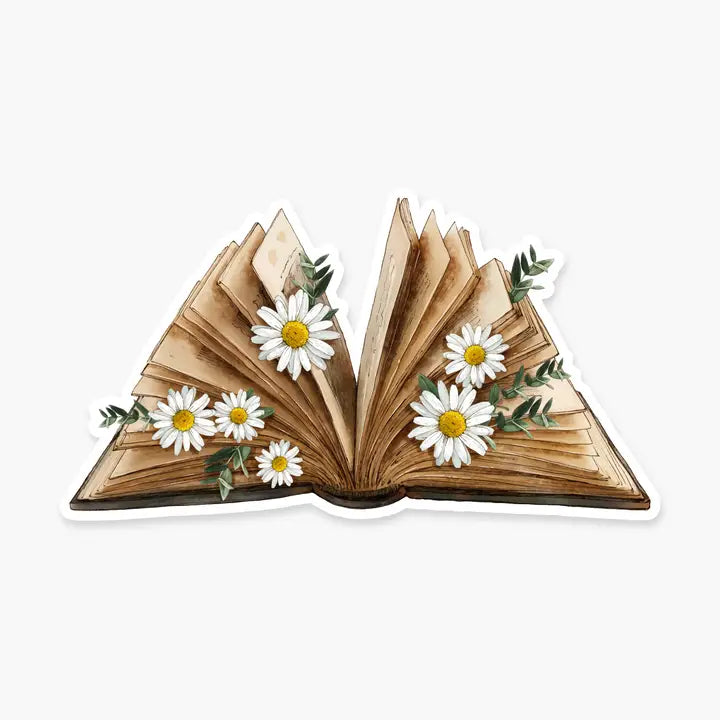 VINTAGE BOOK WITH DAISIES-STICKER-FOOTNOTES
