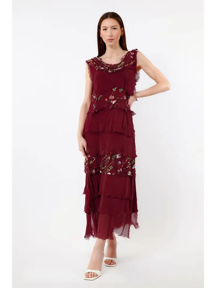 EMBROIDERED ALEENA SILK MAXI RUFFLE DRESS-ONE SIZE-TEES BY TINA