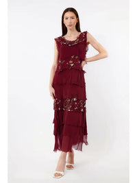 EMBROIDERED ALEENA SILK MAXI RUFFLE DRESS-ONE SIZE-TEES BY TINA