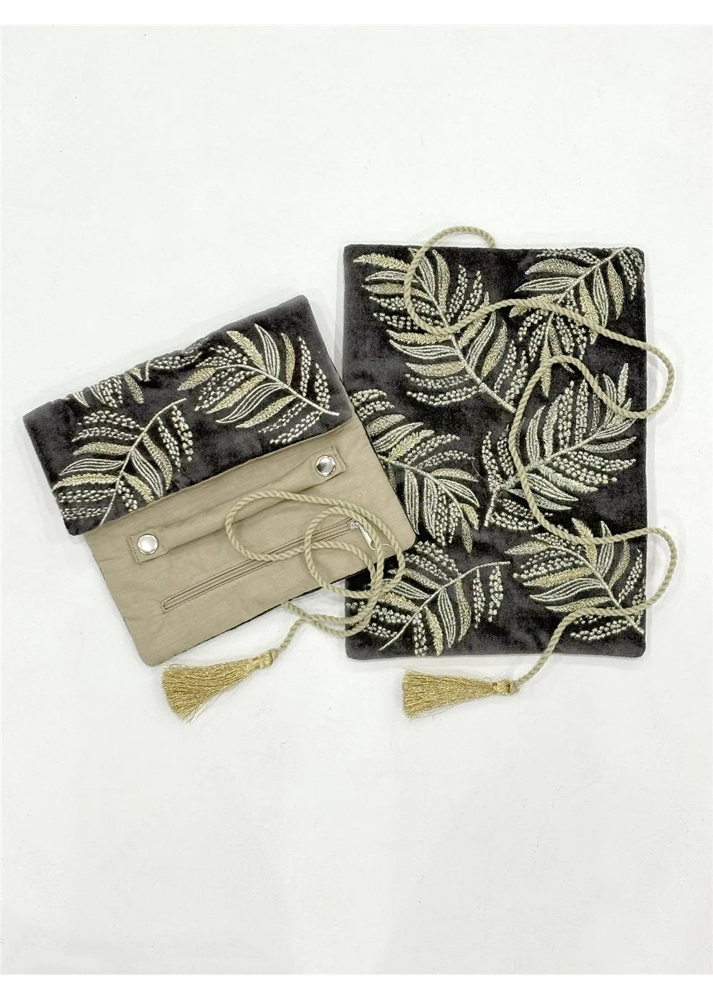 EMBROIDERED JEWELRY ROLL-VELVET LEAF-CIENNA