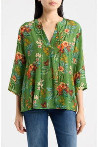 GREEN HIBISCUS V-NECK W/ TASSEL BLOUSE-APNY