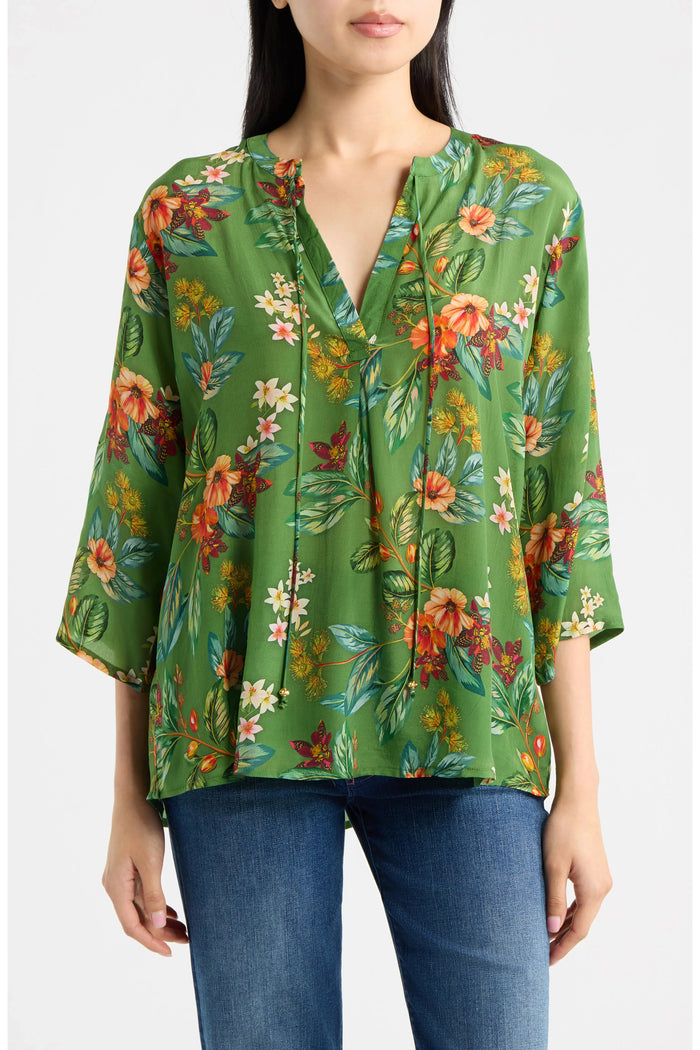 GREEN HIBISCUS V-NECK W/ TASSEL BLOUSE-APNY