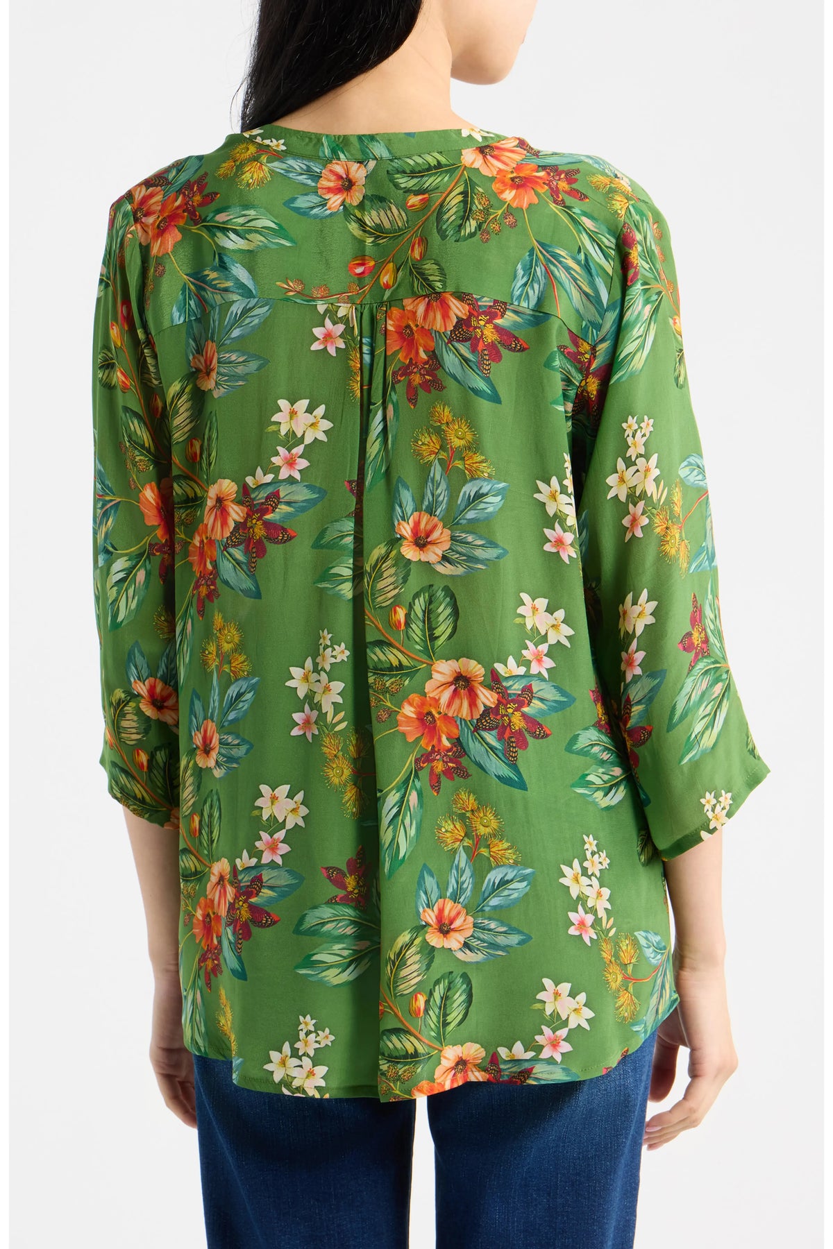 GREEN HIBISCUS V-NECK W/ TASSEL BLOUSE-APNY