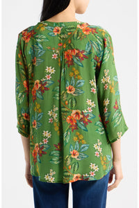 GREEN HIBISCUS V-NECK W/ TASSEL BLOUSE-APNY
