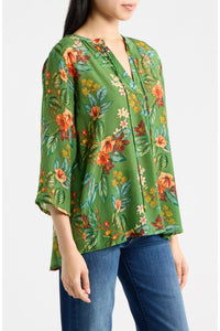 GREEN HIBISCUS V-NECK W/ TASSEL BLOUSE-APNY