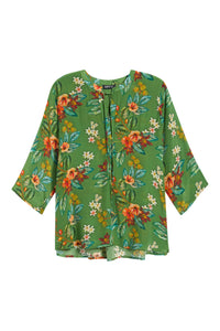 GREEN HIBISCUS V-NECK W/ TASSEL BLOUSE-APNY