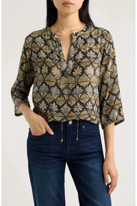 SAGE AND PEWTER LOTUS V-NECK W/ TASSEL BLOUSE-APNY