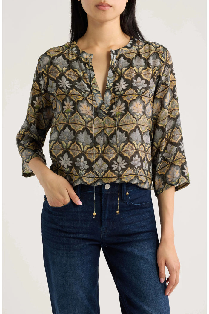 SAGE AND PEWTER LOTUS V-NECK W/ TASSEL BLOUSE-APNY