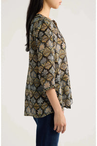 SAGE AND PEWTER LOTUS V-NECK W/ TASSEL BLOUSE-APNY