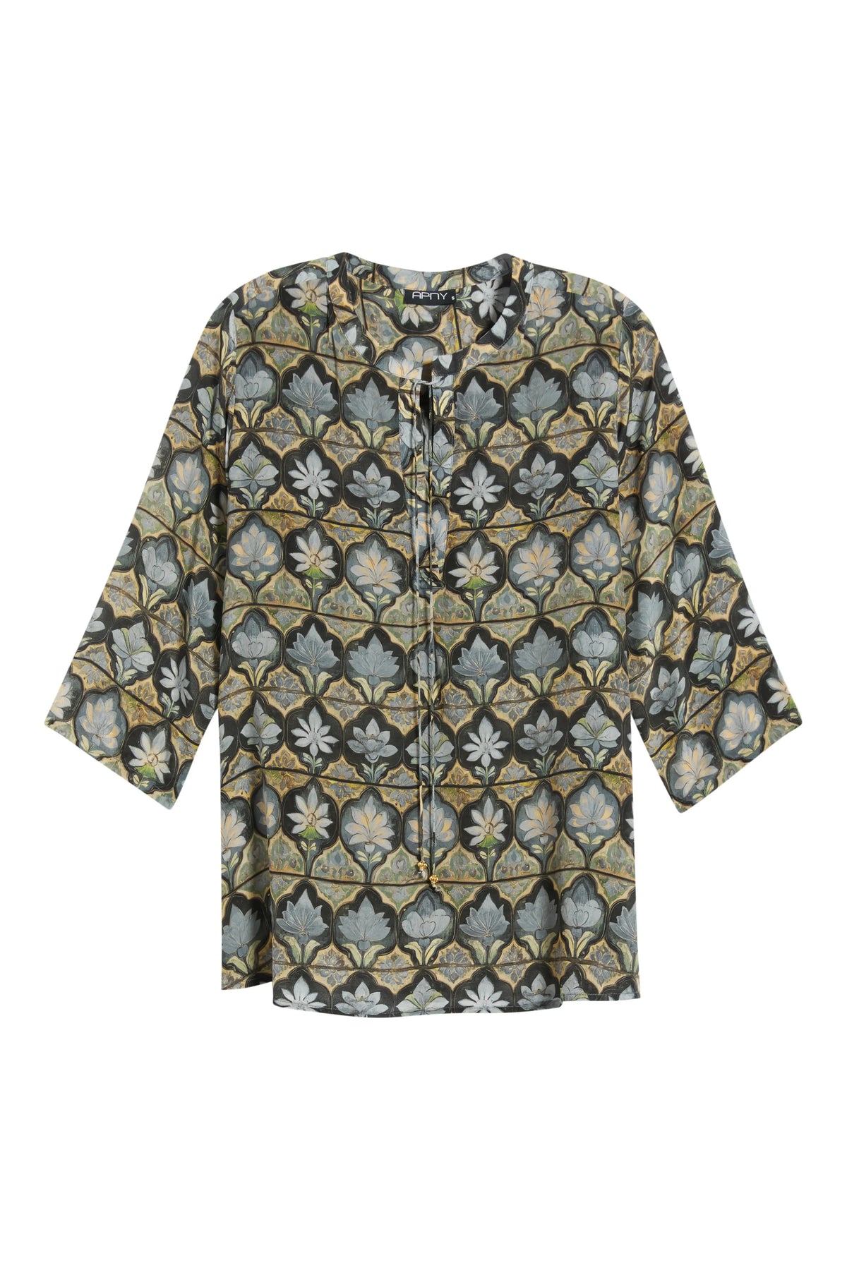 SAGE AND PEWTER LOTUS V-NECK W/ TASSEL BLOUSE-APNY