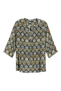 SAGE AND PEWTER LOTUS V-NECK W/ TASSEL BLOUSE-APNY