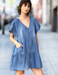 DENIM FLORAL BOUQUET DRESS-BILLY T
