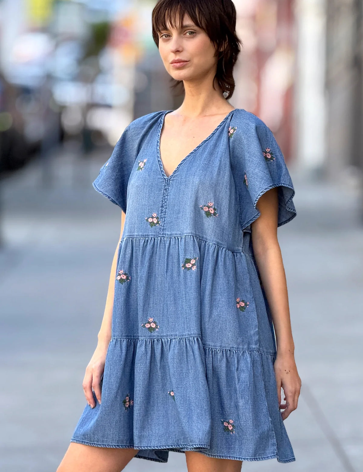 DENIM FLORAL BOUQUET DRESS-BILLY T