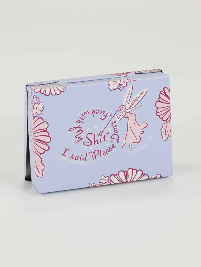 Back of the lavender case showing a fairy and the message 'Don't Fuck with My Shit. I said Please'