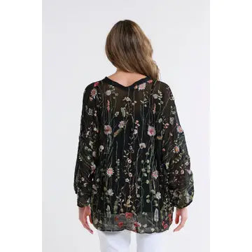 Close-up front shot of a black floral sheer blouse with nature-inspired details