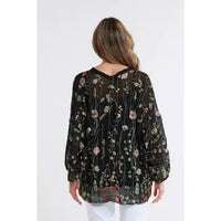 Close-up front shot of a black floral sheer blouse with nature-inspired details