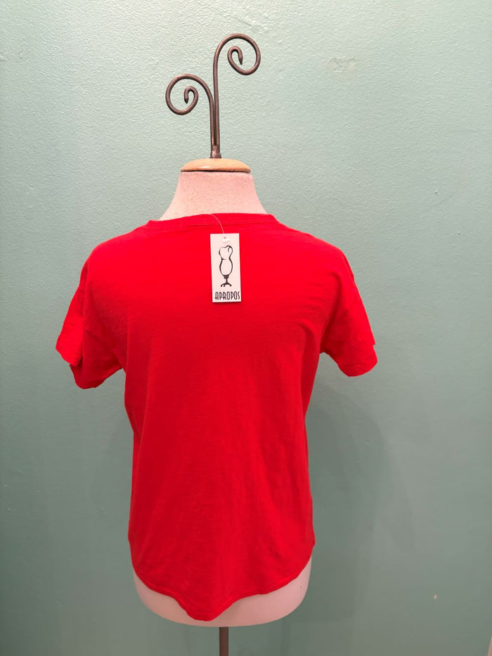 Back view of Classic Red Tee with Apropos tag on mannequin