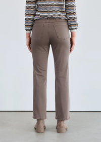 Back view of taupe straight-leg mid-rise jeans with functional pockets