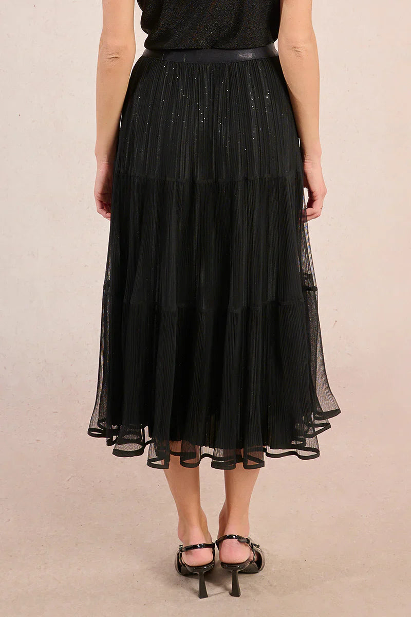 Back view of black mesh tiered midi skirt with subtle sparkly details