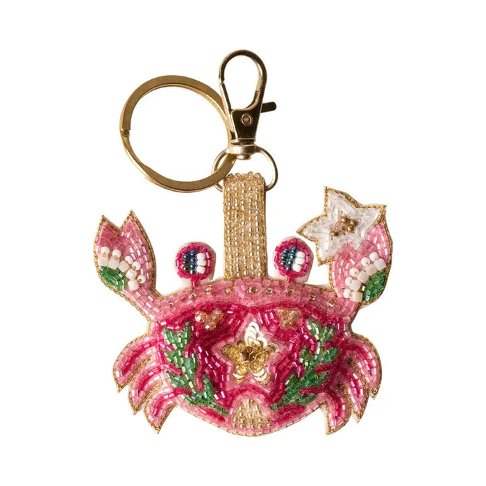 Hand-beaded pink crab keychain charm with gold clasp and vibrant details